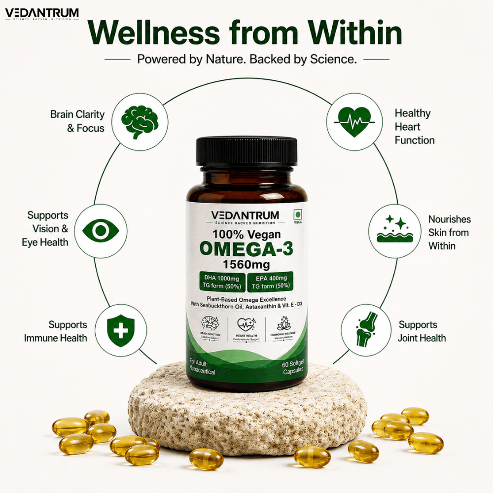 Vedantrum 100% Veg Omega 3 | Plant-Based Brain & Heart Support