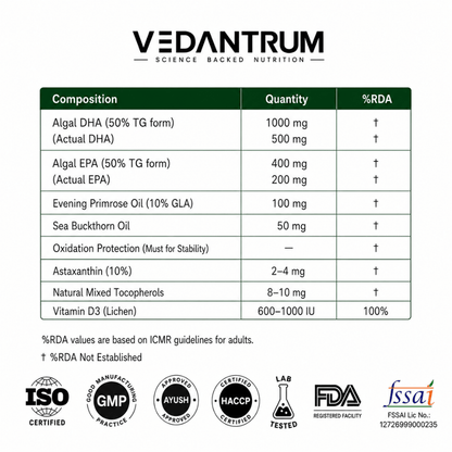 Vedantrum 100% Veg Omega 3 | Plant-Based Brain & Heart Support