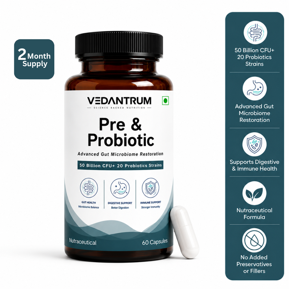 Prebiotics + Probiotics 50 Billion CFU | Gut Health, Immunity & Digestive Support | Vedantrum