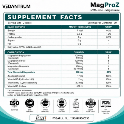 Magnesium Glycinate ZMA Formula with Zinc, B6, B12 & D3 | Sleep & Recovery Support | Vedantrum MagProZ