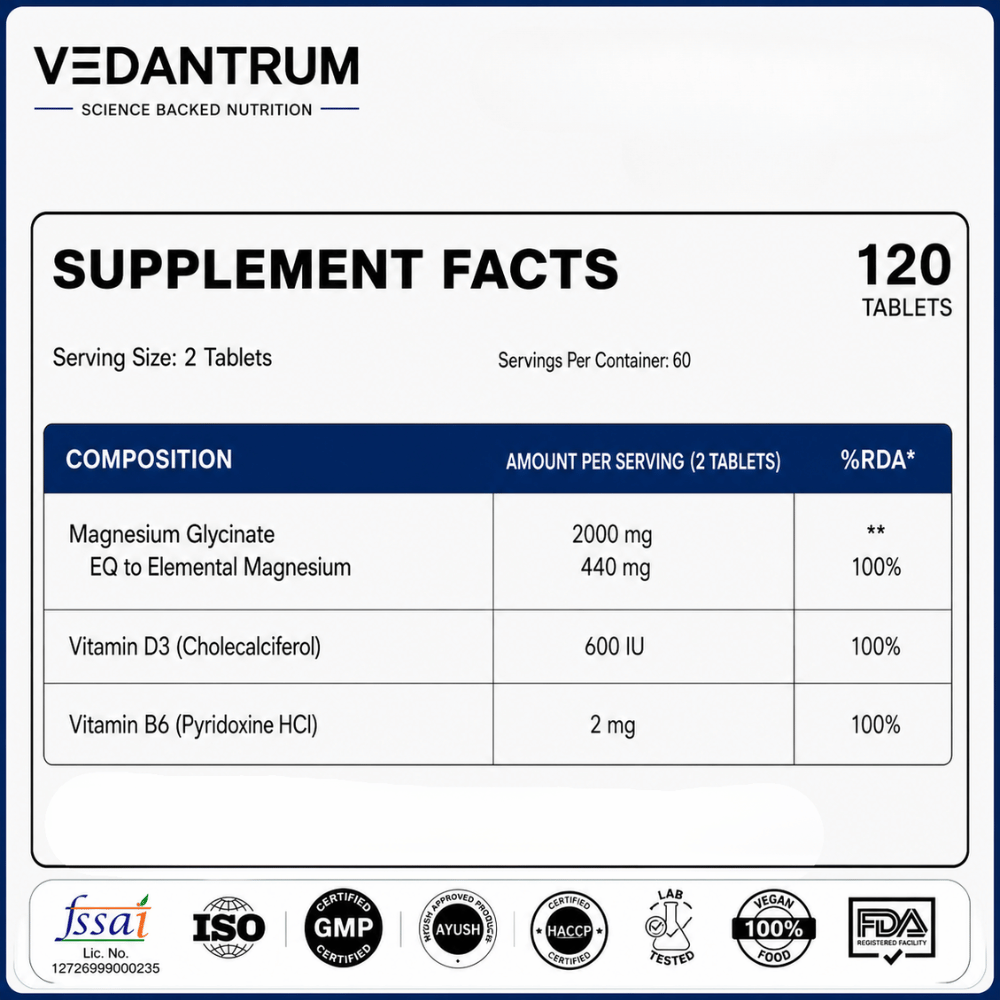 Magnesium Glycinate 2000mg | High Absorption Chelated Formula | Sleep & Muscle Support | Vedantrum