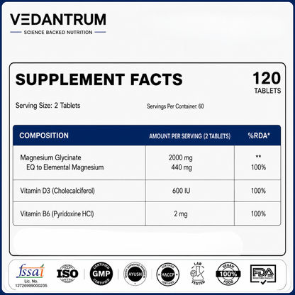 Magnesium Glycinate 2000mg | High Absorption Chelated Formula | Sleep & Muscle Support | Vedantrum