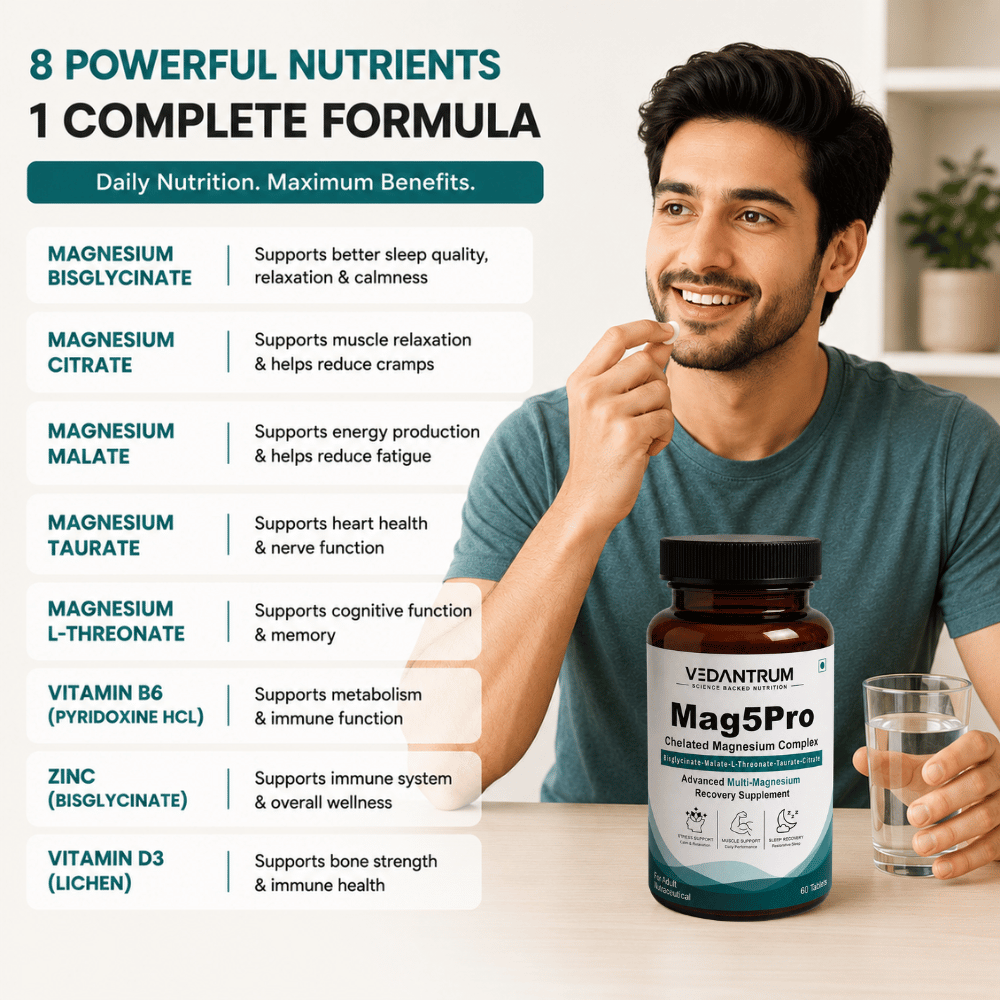 5-Form Chelated Magnesium Complex with B6, Zinc & D3 | Sleep, Muscle & Stress Support | Vedantrum Mag5Pro