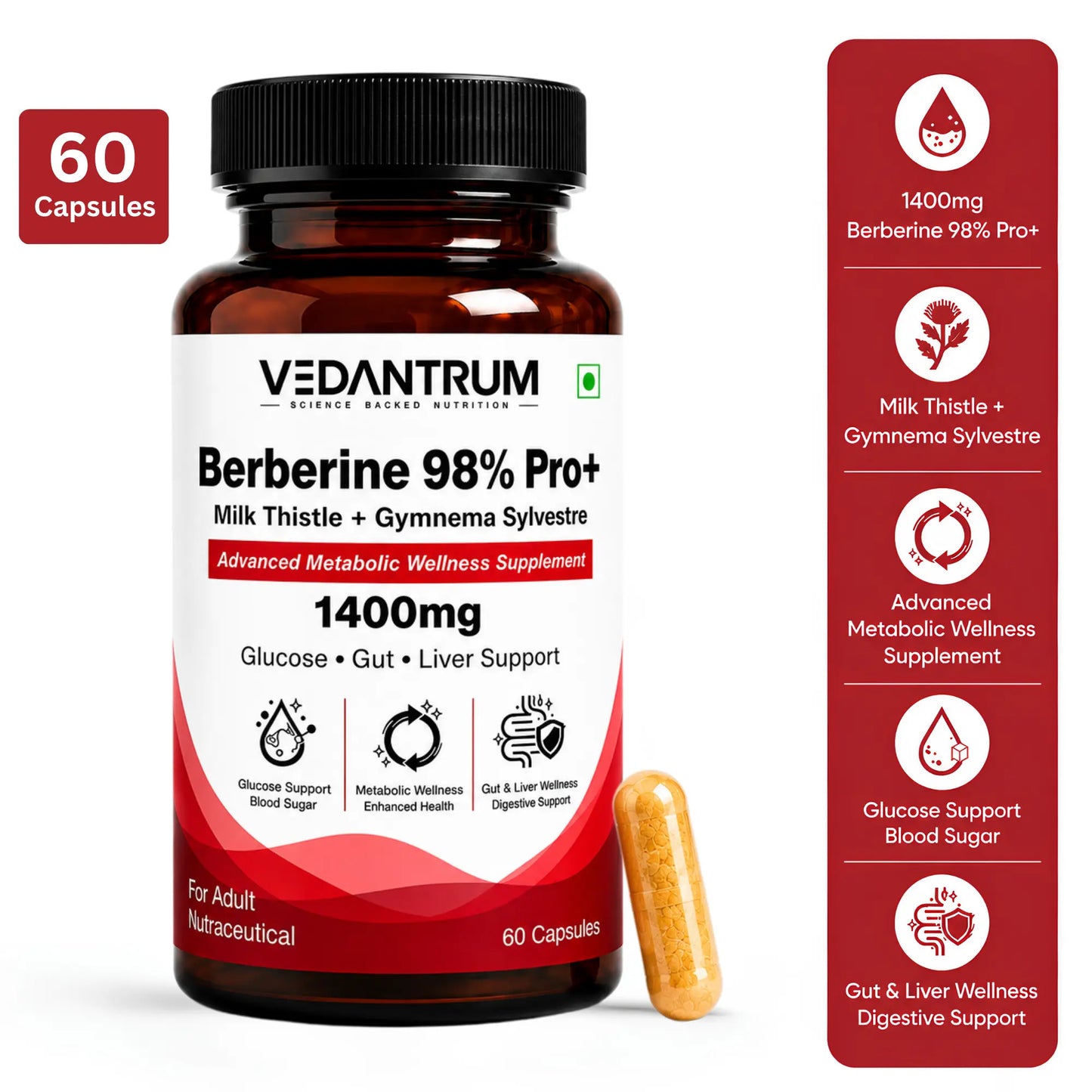 Berberine 98% with Milk Thistle | Blood Sugar, Gut Health & Metabolic Support | Vedantrum