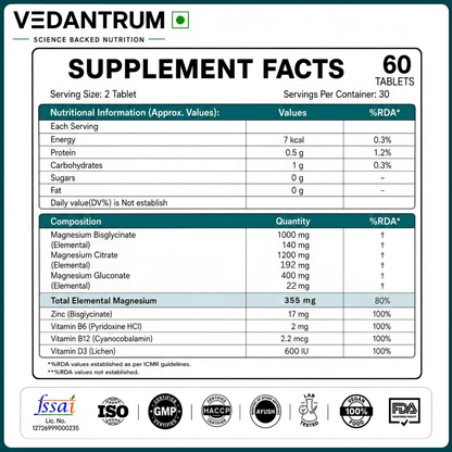 Magnesium Glycinate ZMA Formula with Zinc, B6, B12 & D3 | Sleep & Recovery Support | Vedantrum MagProZ