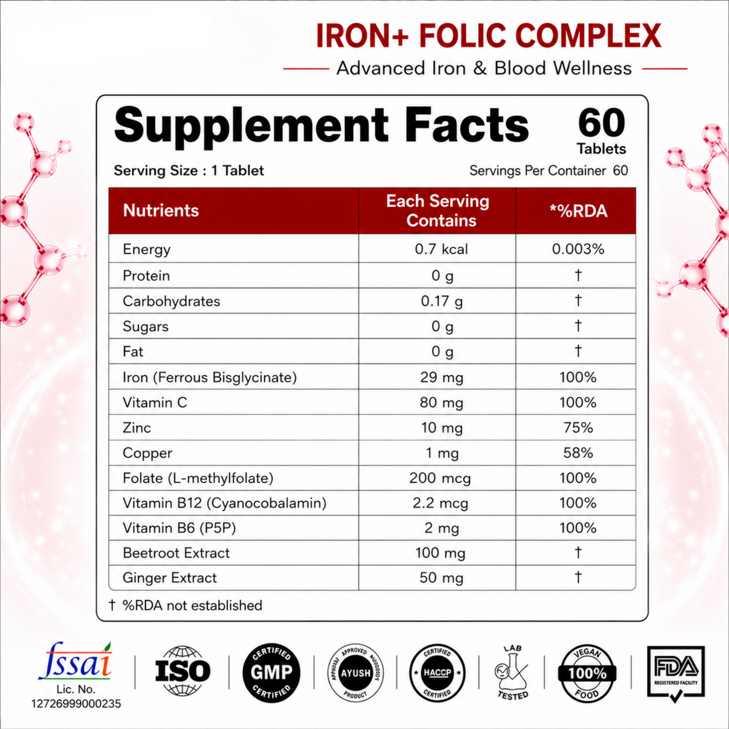 Chelated Iron 29mg + Folic Acid | Energy, Blood Building & Iron Deficiency Support | Vedantrum