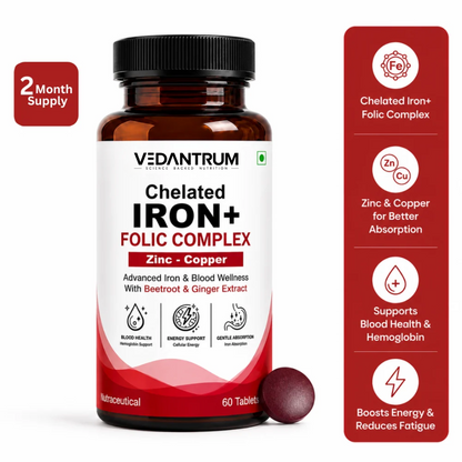 Chelated Iron 29mg + Folic Acid | Energy, Blood Building & Iron Deficiency Support | Vedantrum