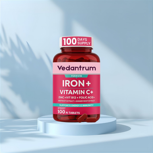 Vedantrum Chelated Iron + Folate Complex – Ferrous Bisglycinate with Vitamin C, B12, Zinc & L-Methylfolate for Hemoglobin, Energy & Anemia Support | 100 Tablets