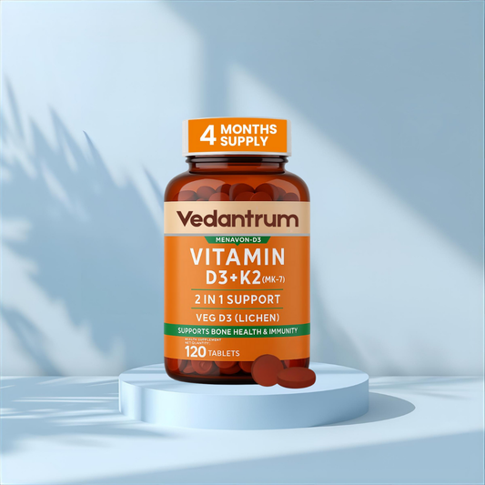 Vedantrum Vitamin D3 + K2 MK7 (Lichen Source) – 1000 IU D3 & 90 mcg K2 for Bone Strength, Calcium Absorption & Immunity Support | 120 Veg Tablets