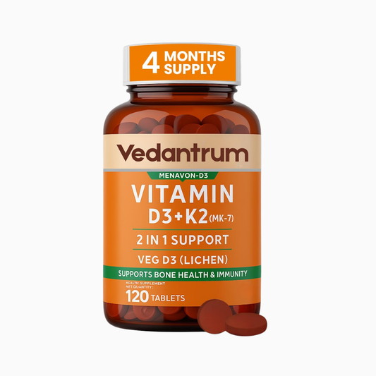 Vedantrum Vitamin D3 + K2 MK7 (Lichen Source) – 1000 IU D3 & 90 mcg K2 for Bone Strength, Calcium Absorption & Immunity Support | 120 Veg Tablets