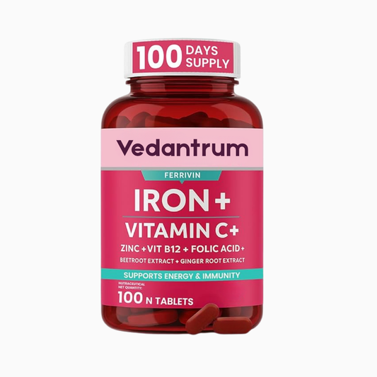 Vedantrum Chelated Iron + Folate Complex – Ferrous Bisglycinate with Vitamin C, B12, Zinc & L-Methylfolate for Hemoglobin, Energy & Anemia Support | 100 Tablets