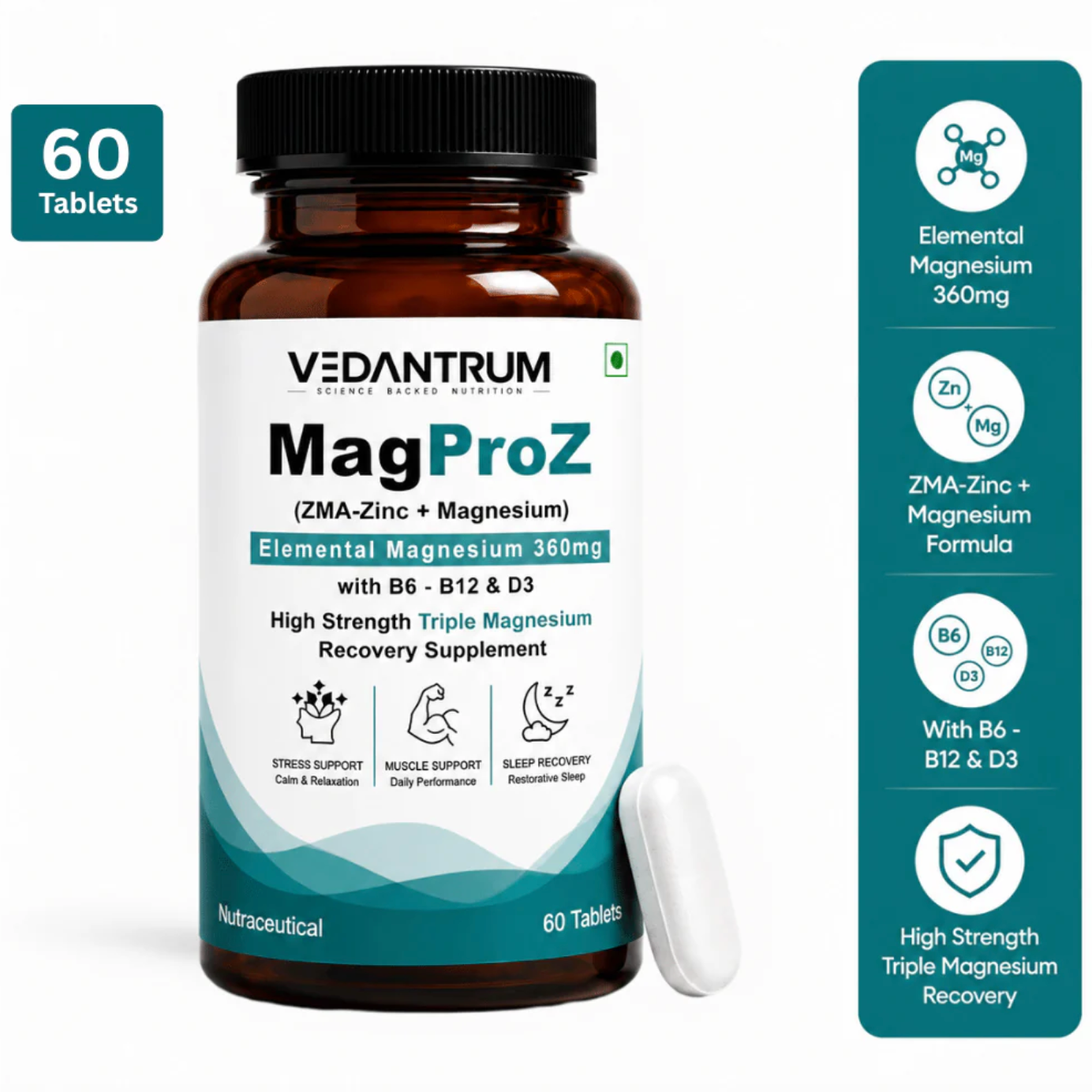 Magnesium Glycinate ZMA Formula with Zinc, B6, B12 & D3 | Sleep & Recovery Support | Vedantrum MagProZ