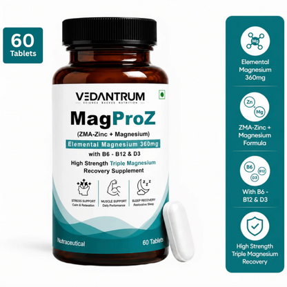Magnesium Glycinate ZMA Formula with Zinc, B6, B12 & D3 | Sleep & Recovery Support | Vedantrum MagProZ